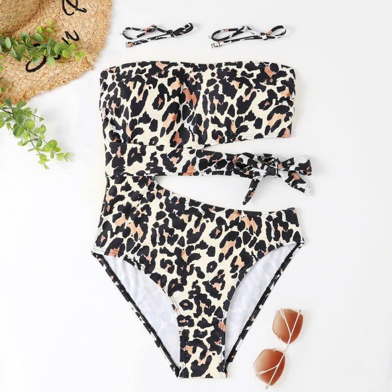 Women's Asymmetrical Bandeau Bikini with Animal Print