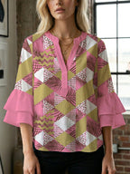 Women's Blouse with Voluminous Flutter Sleeves and Leaf Print