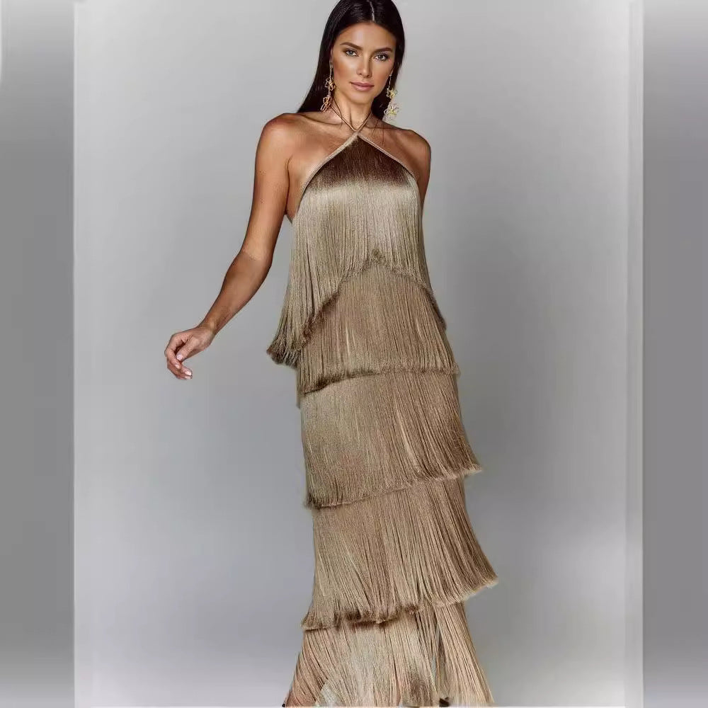 Elegant Fringe Maxi Dress with Shimmering Detail