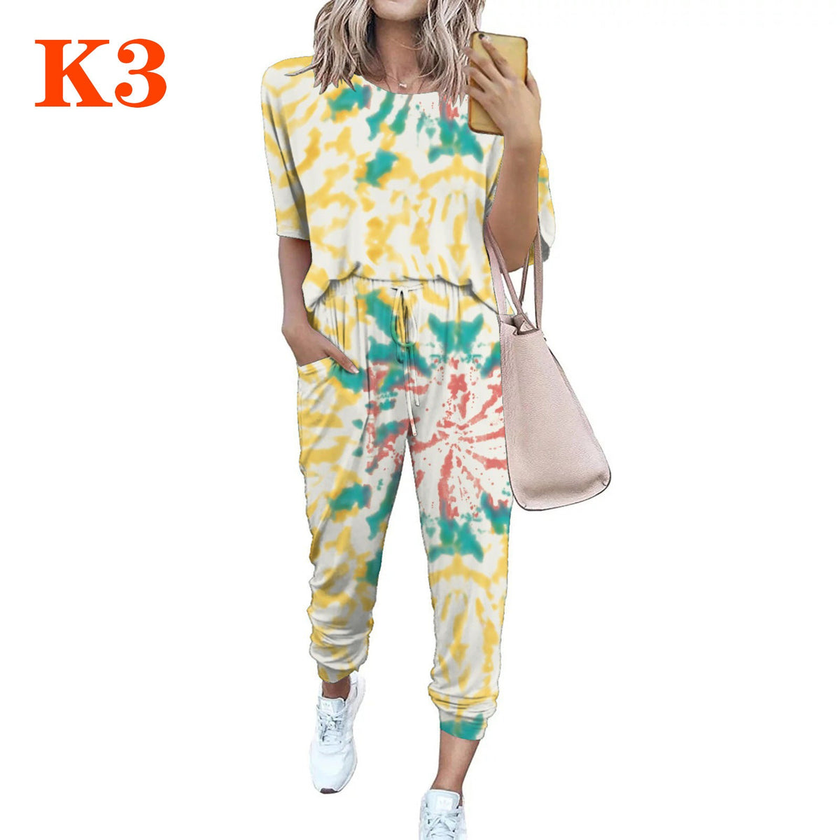 Women's Lightweight Casual Jumpsuit with Tie-Dye Pattern and Pockets
