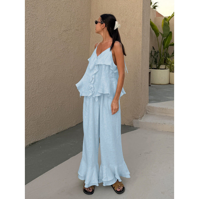 Women's Lightweight and Airy Combination of Ruffle Top and Wide Pants