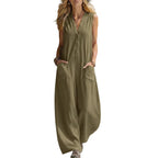 Women's Jumpsuit with Deep V-Neck and Pockets
