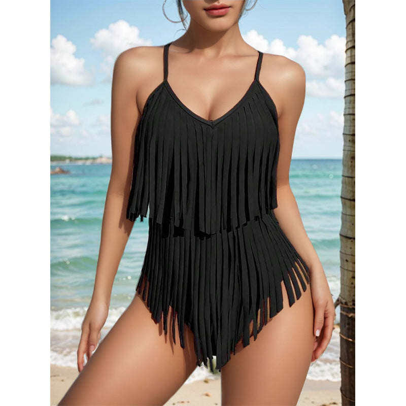 Women's Swimsuit with Fringed Sleeve Design and V-Neck