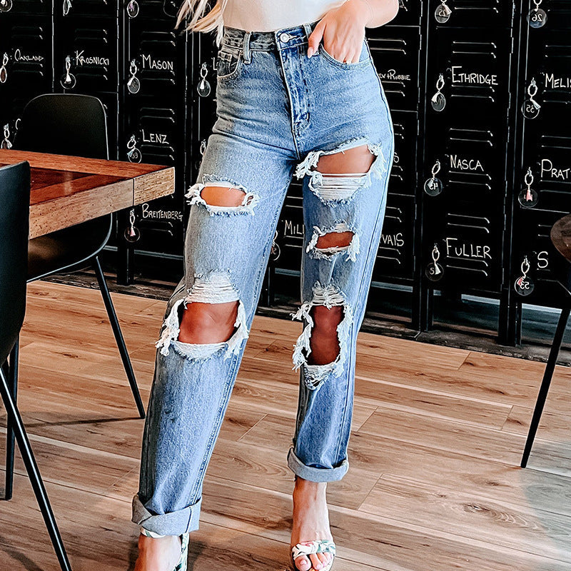 Women's Destroyed Boyfriend Jeans with High Waist