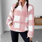 Women's Fluffy Plaid Pullover with Half-Zip