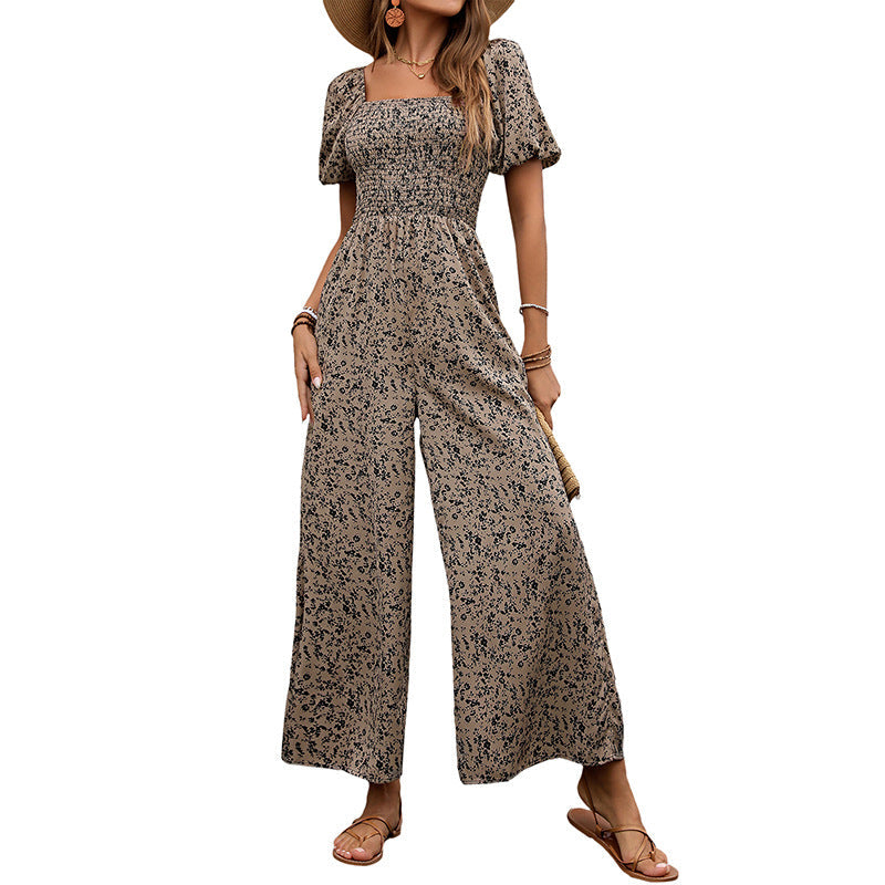 Women's Airy Summer Overall with Puff Sleeves and Elastic Waistband
