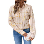 Elegant Long-Sleeve Blouse with Gold Foil Print