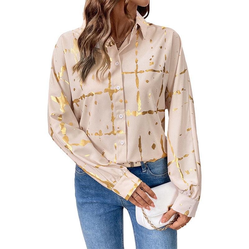 Elegant Long-Sleeve Blouse with Gold Foil Print