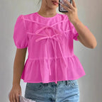 Women's Blouse with Puff Sleeves and Ruffle Design