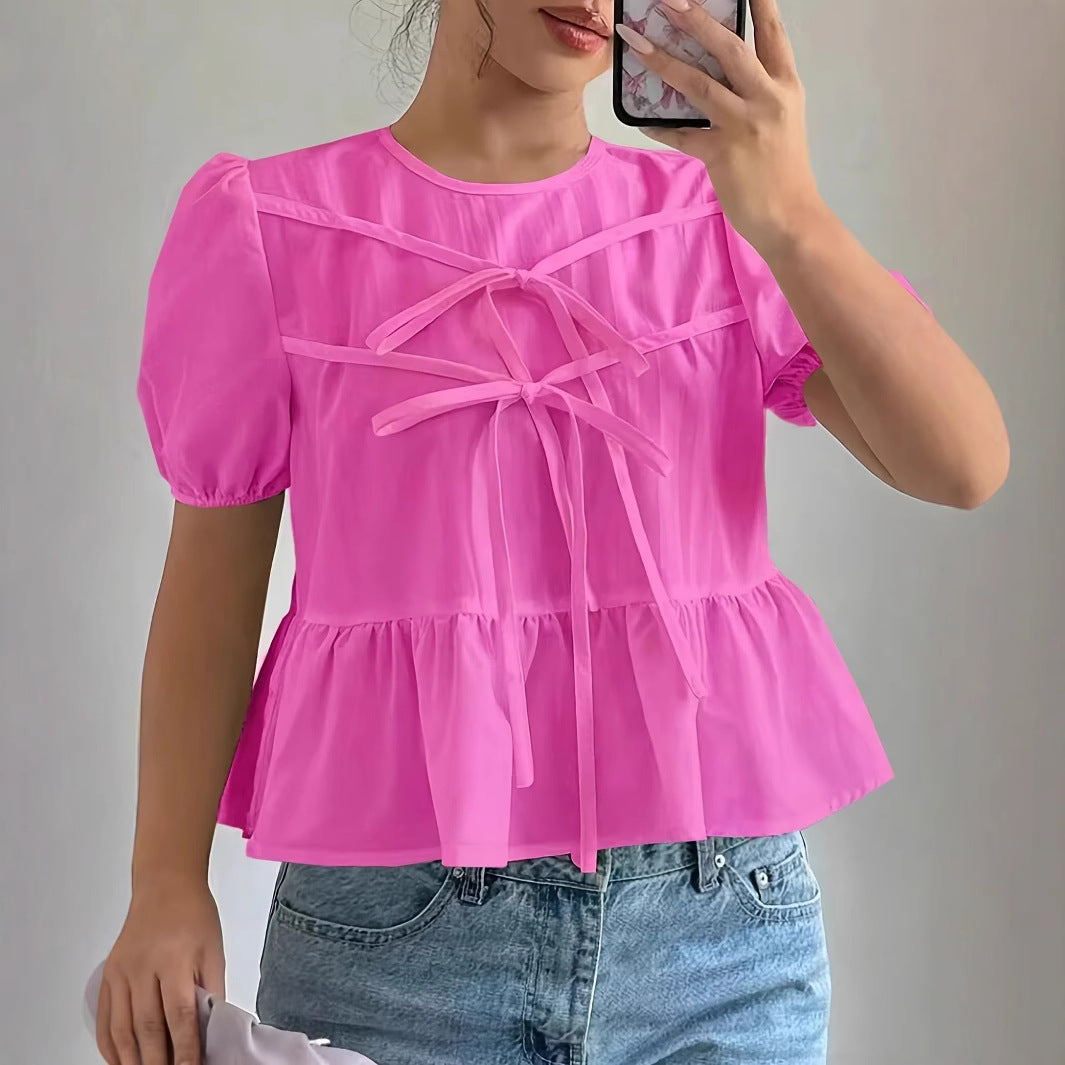 Women's Blouse with Puff Sleeves and Ruffle Design