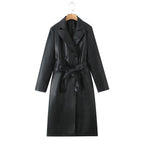 Women's Faux Leather Trench Coat with Waist Belt and Elegant Pocket Seams