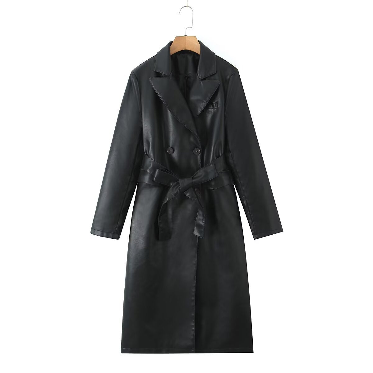 Women's Faux Leather Trench Coat with Waist Belt and Elegant Pocket Seams
