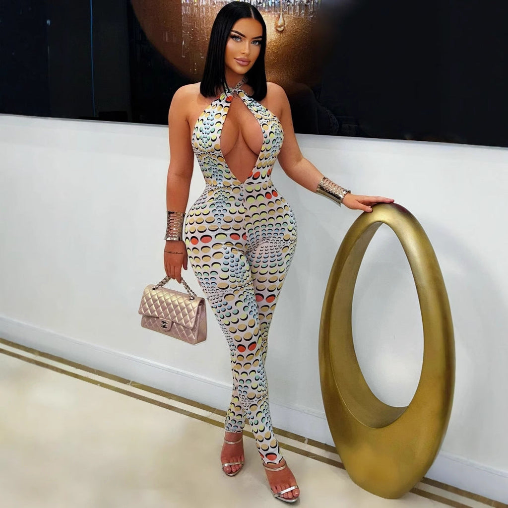 Women's Bodycon Jumpsuit with Deep V-Neck and Exclusive Pattern