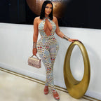 Women's Bodycon Jumpsuit with Deep V-Neck and Exclusive Pattern