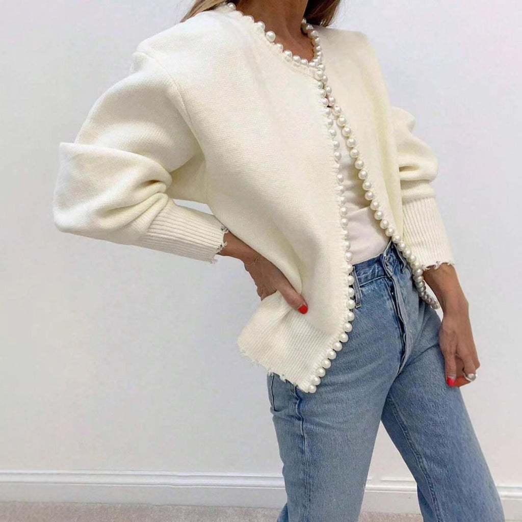 Women's Elegant Knit Cardigan with Pearl Embellishment