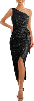 Women's Asymmetrical Evening Dress with Sequins and High Slit