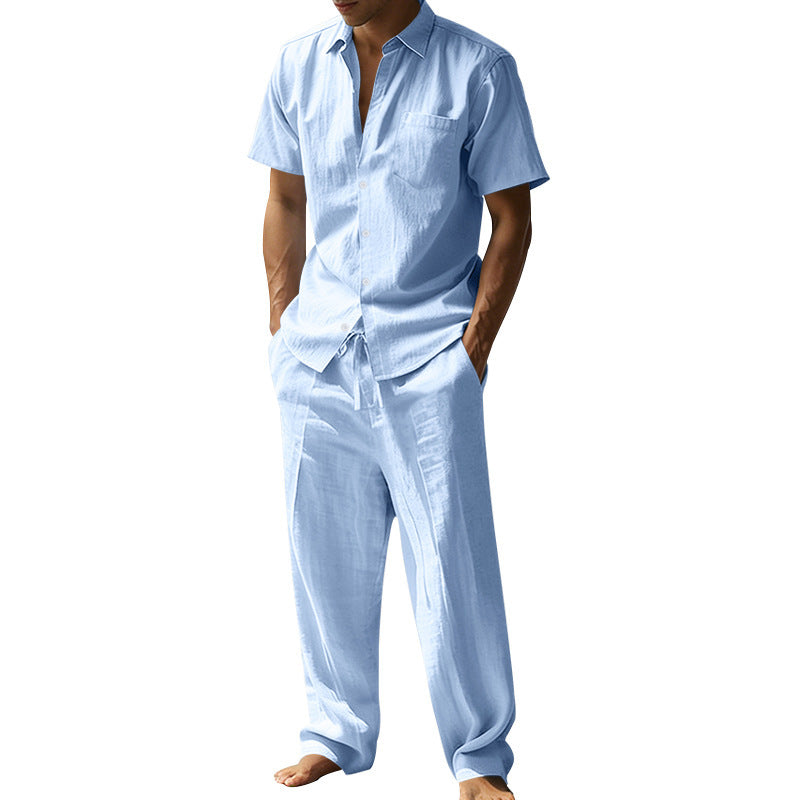 Men's resort-appropriate short-sleeve shirt with chest pocket and casual linen drawstring pants