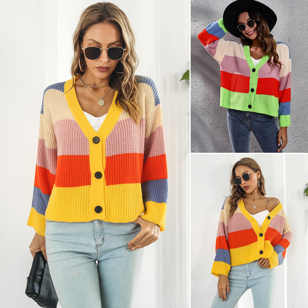 Women's Chunky Knit Cardigan with Button Details and Fashionable Color Play