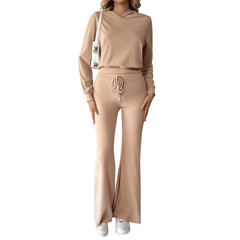 Women's Casual Lounge Set with Hooded Top and High-Waisted Flared Pants