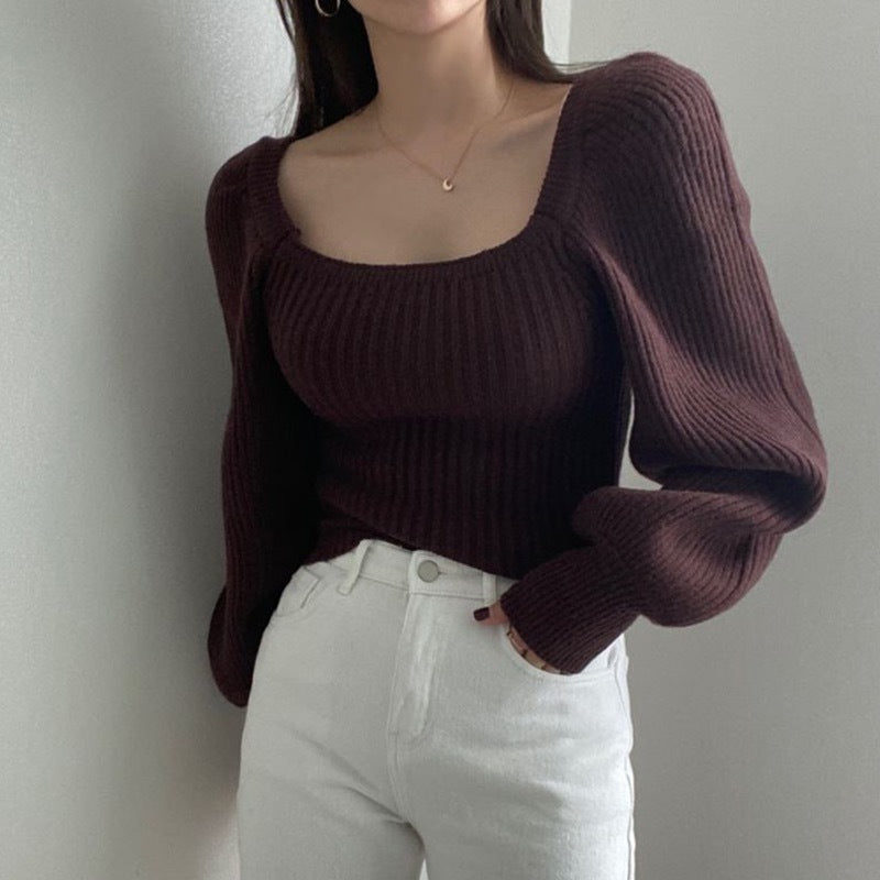 Women's Fine Knit Sweater with Square Neck and Wide Sleeves