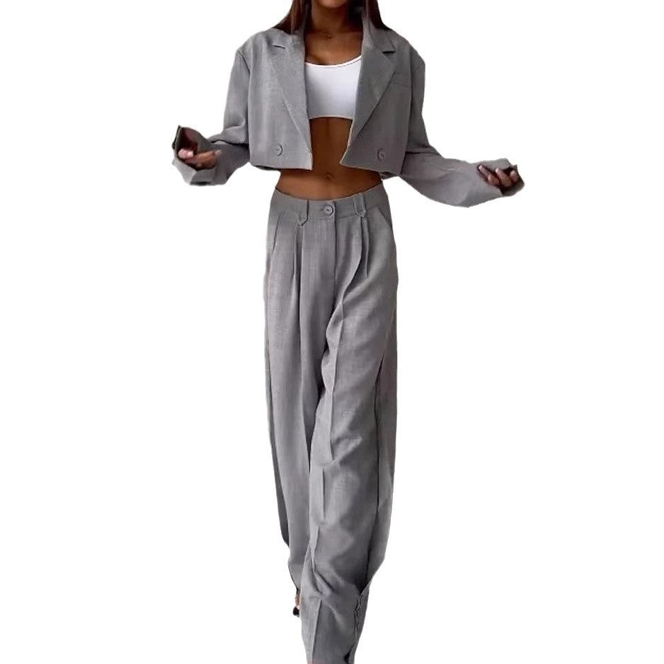 Women's Fashionable Two-Piece Suit with Cropped Blazer and Wide Waistband