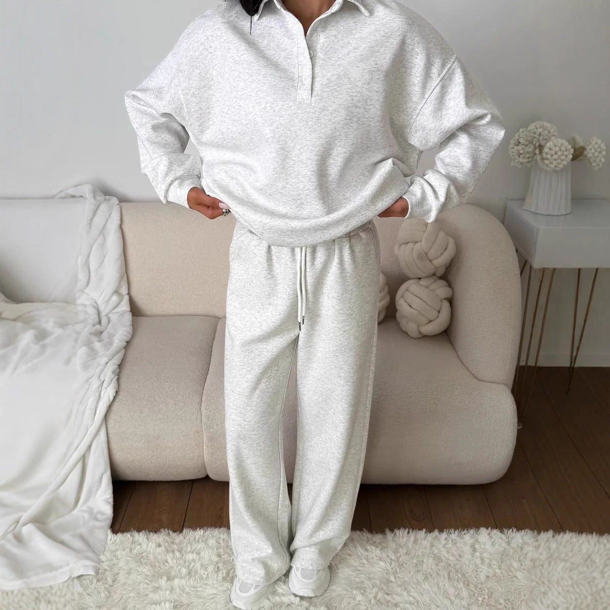 Women's wide Polo lounge set with elastic drawstring waistband and wide-leg jogging pants