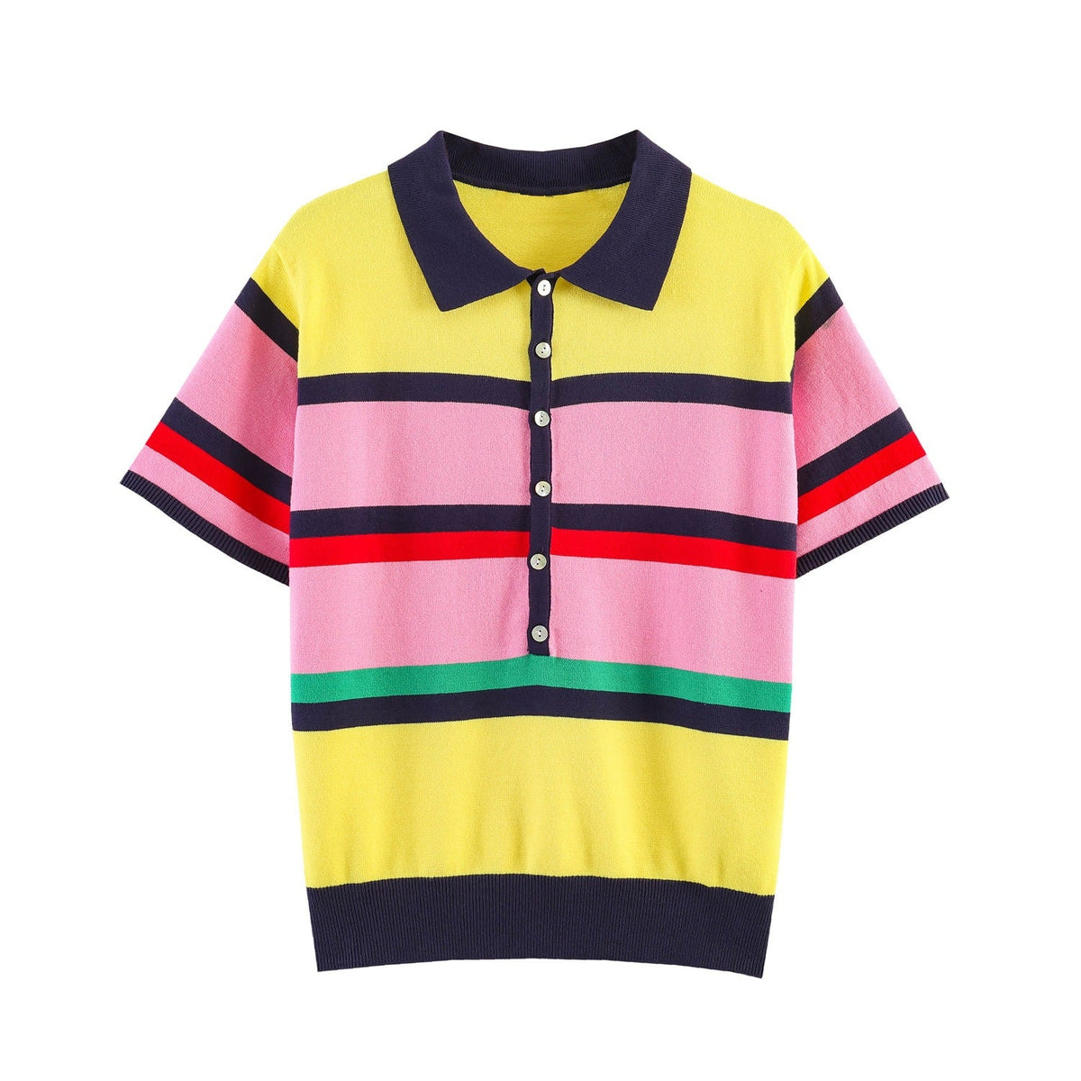 Women's Short-Sleeve Polo Shirt with Colorful Striped Pattern