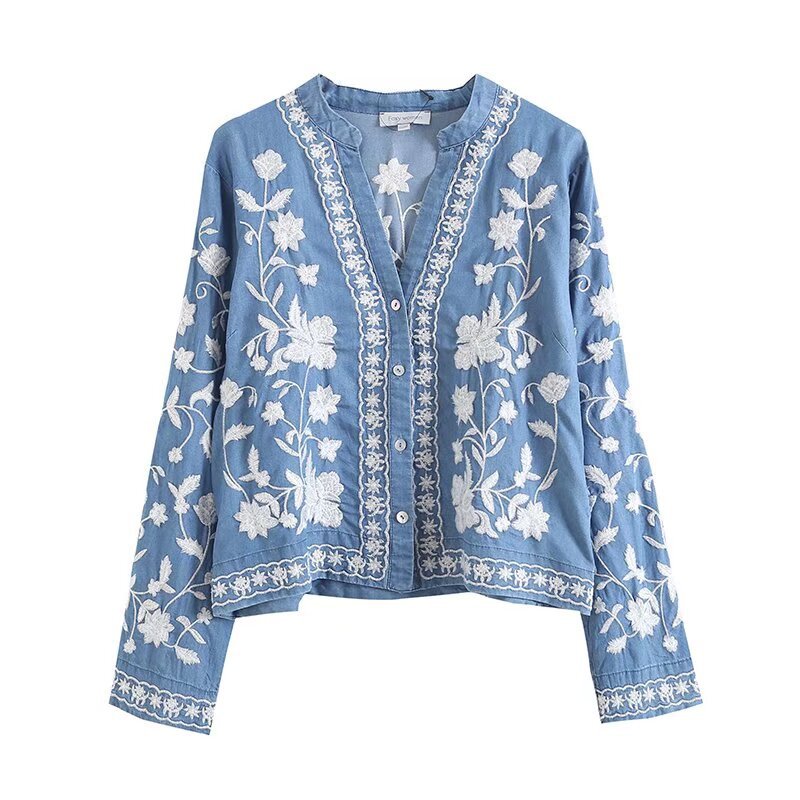 Women's Vintage-Style Embroidered Blouse with Collar and Button Closure
