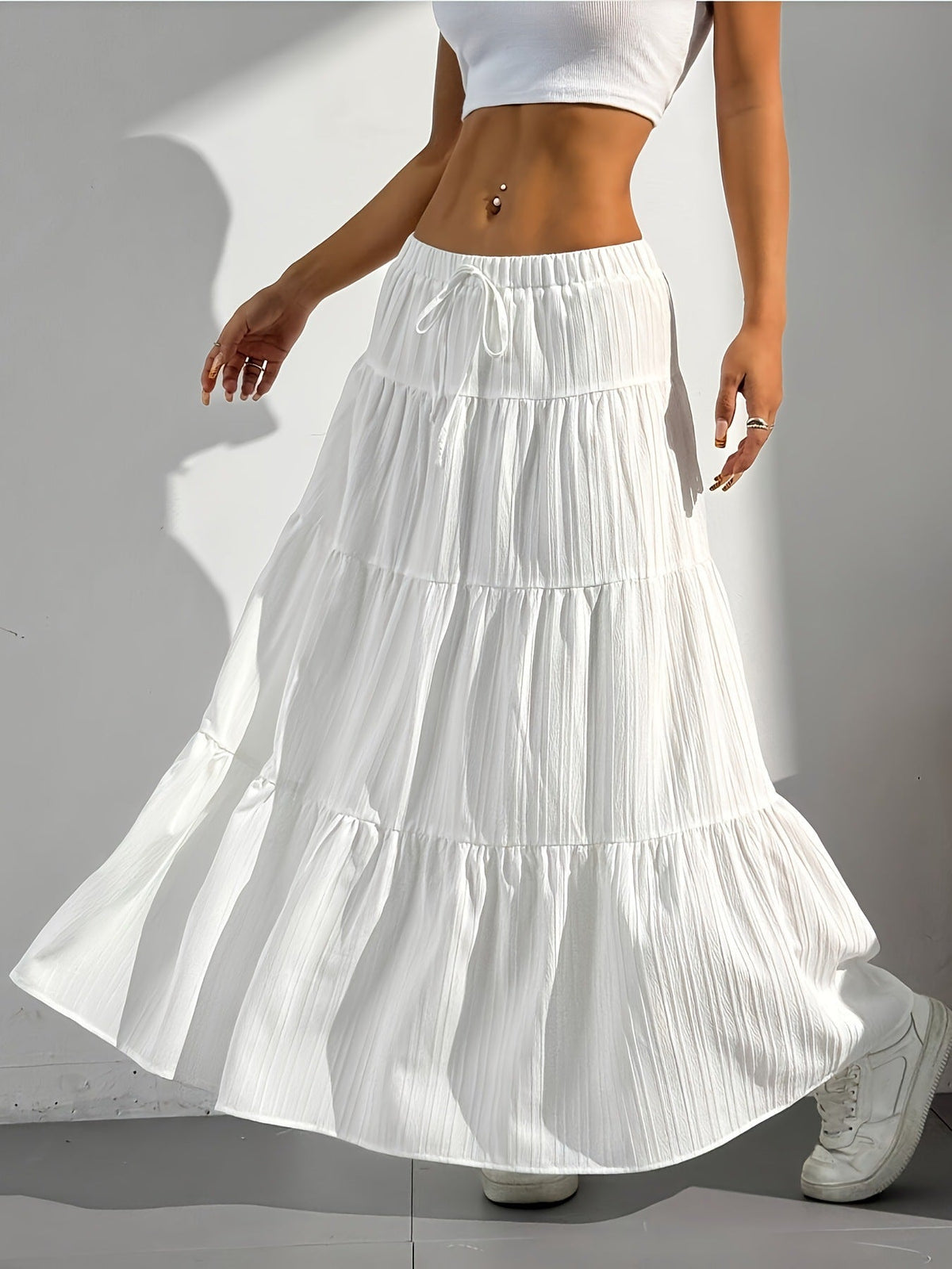 Women's Maxi Skirt with Casual Ruffle Design and Elastic Waistband