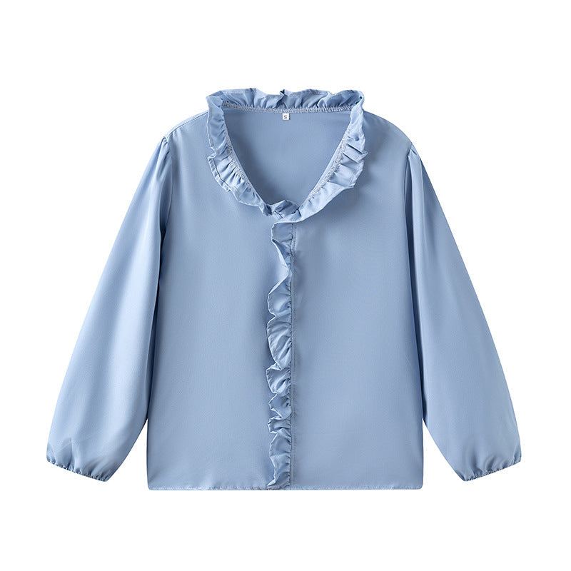 Women's Blouse with Ruffle Details and Stand-up Collar