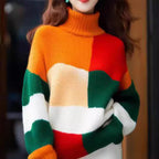 Women's Chunky Knit High-Neck Sweater with Color Block Design