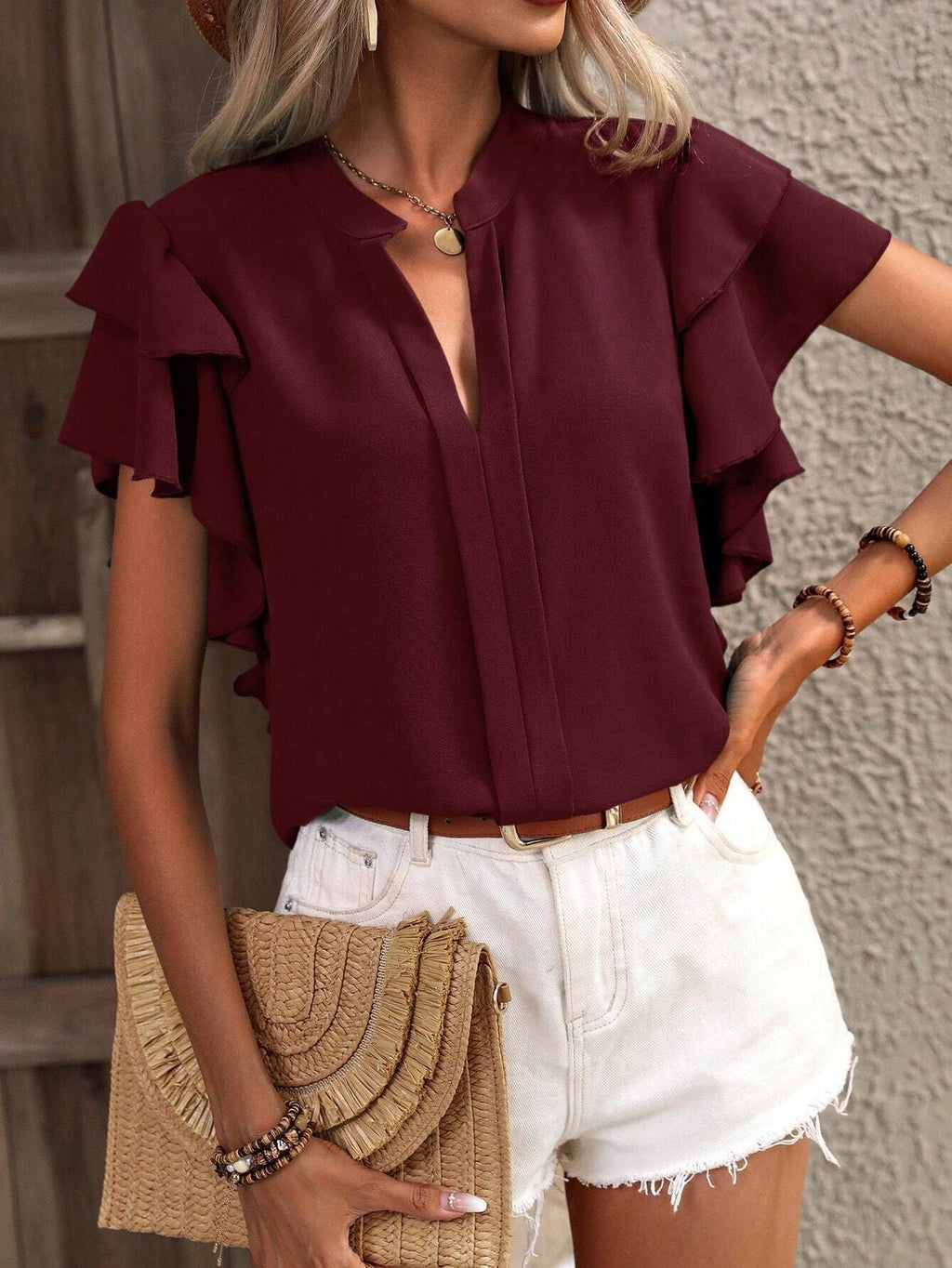 Women's Blouse with Ruffle Details and Elegant V-Neck