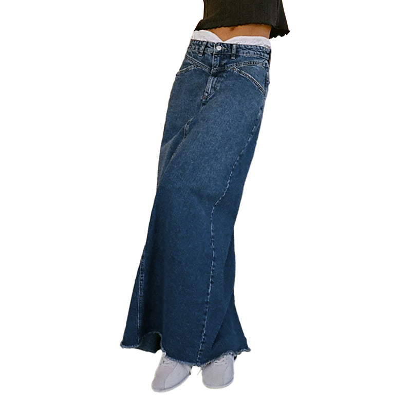 Women's Long Denim Skirt with High Waist and Pockets