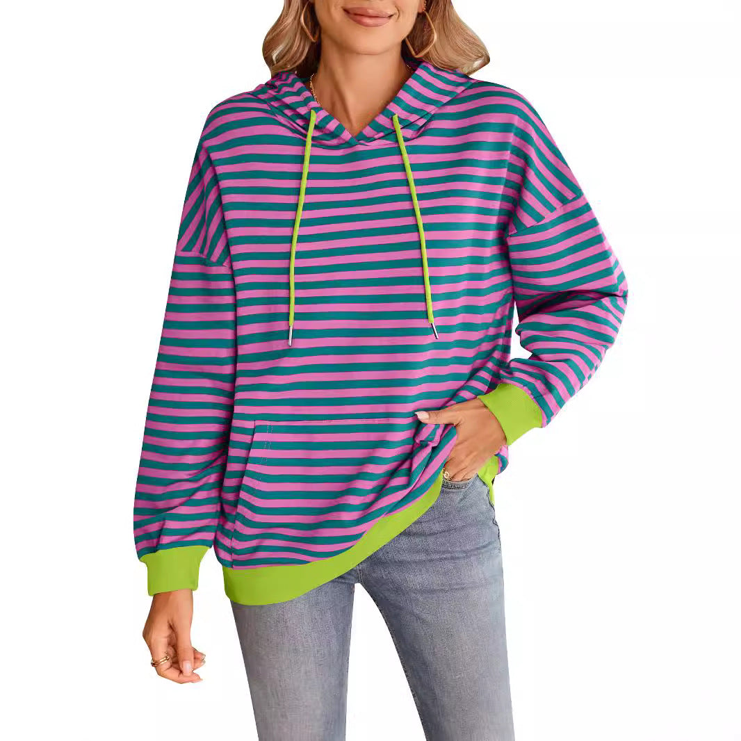 Women's Striped Hoodie with Kangaroo Pocket