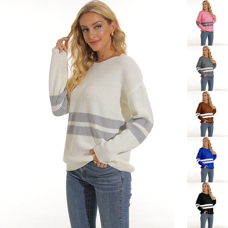 Women's Chunky Knit Sweater with Sporty Stripe Pattern and Loose Fit