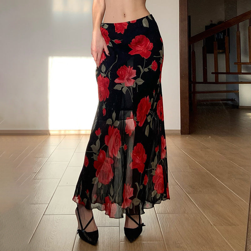 Women's Long Satin-Chiffon Maxi Skirt with Floral Watercolor Print