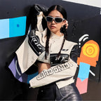 Women's Cropped Biker Jacket with Unique Graphic Details