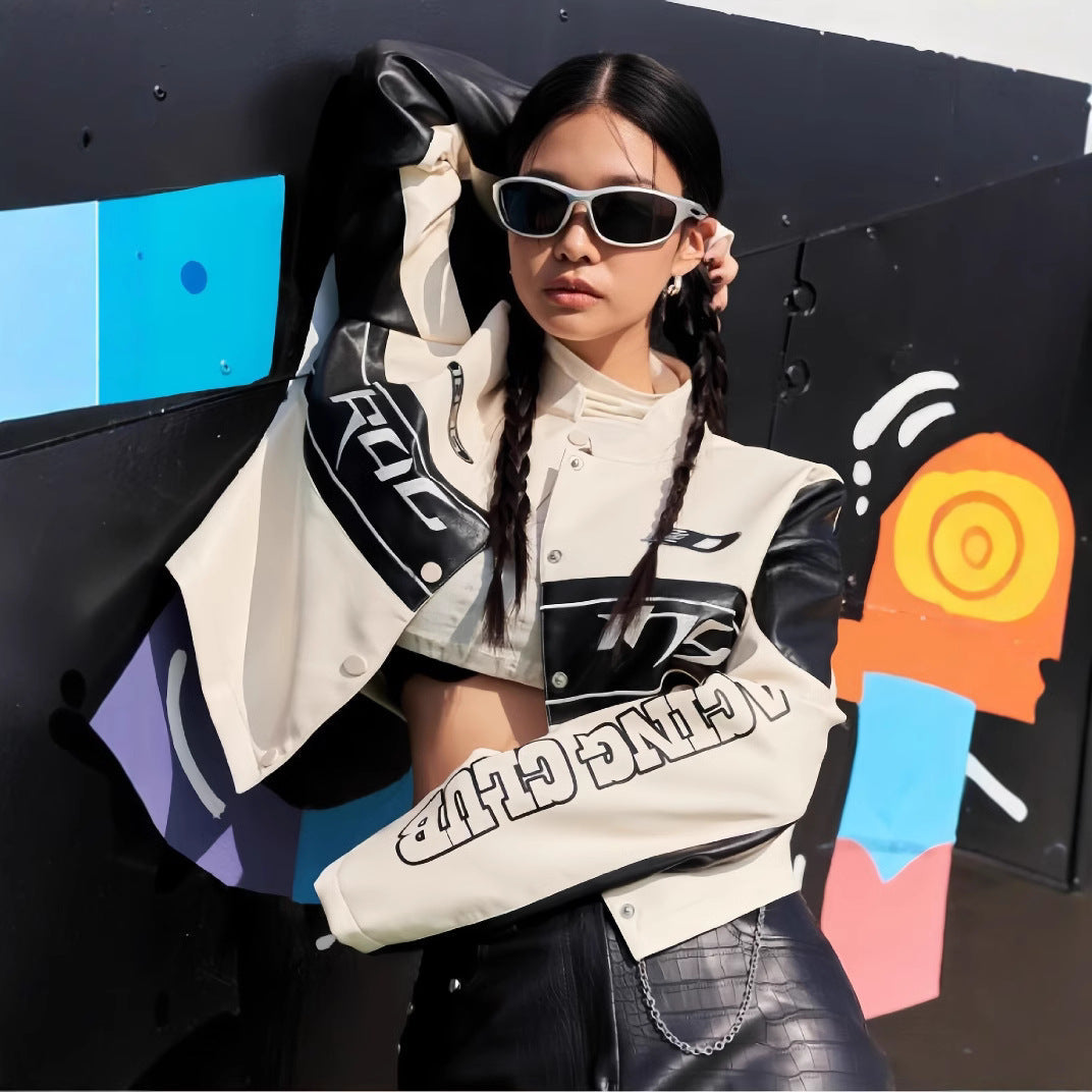 Women's Cropped Biker Jacket with Unique Graphic Details