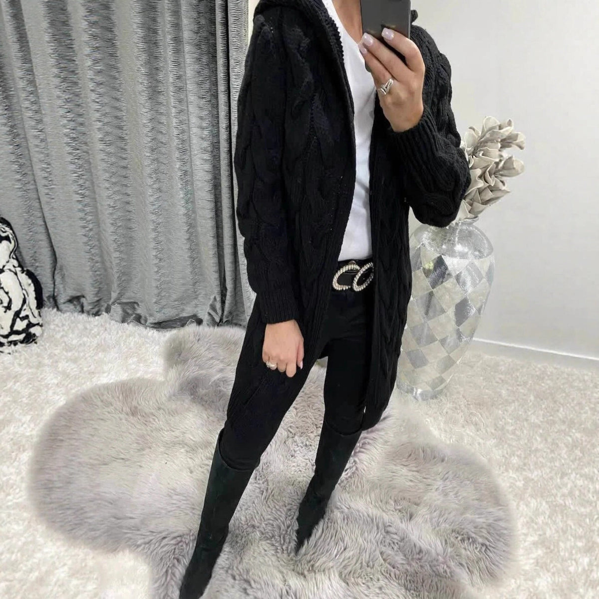 Women's Chunky Knit Cardigan with Hood and Cable Knit Pattern