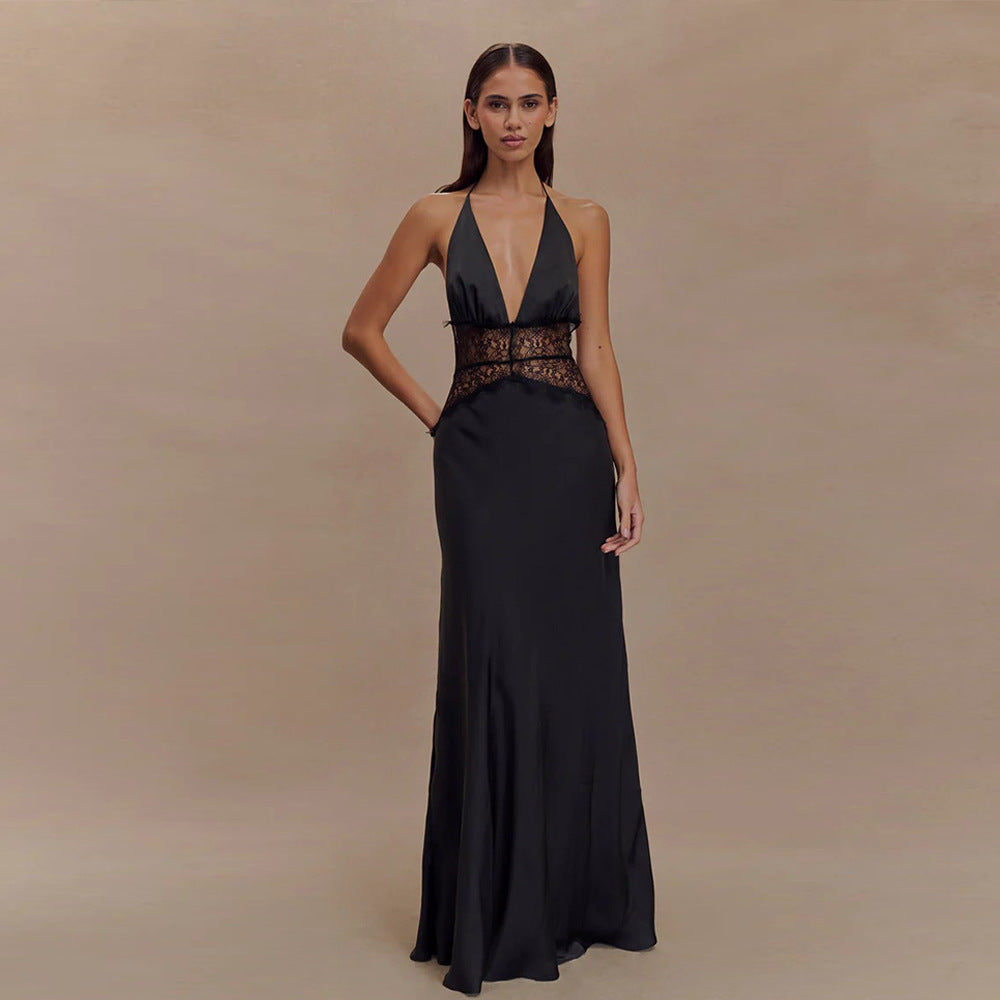 Women's Evening Dress with Lace and Elegant Deep Neckline