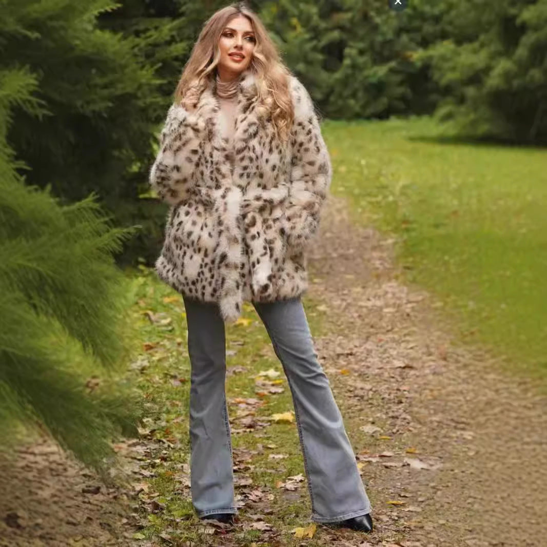 Women's Fashionable Faux Fur Coat with Animal Print and Belt Design