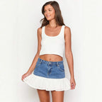 Women's Mini Denim Skirt with Voluminous Ruffled Hem and Fitted Cut