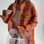 Women's Cozy Plaid Shirt with High Collar and Button Closure