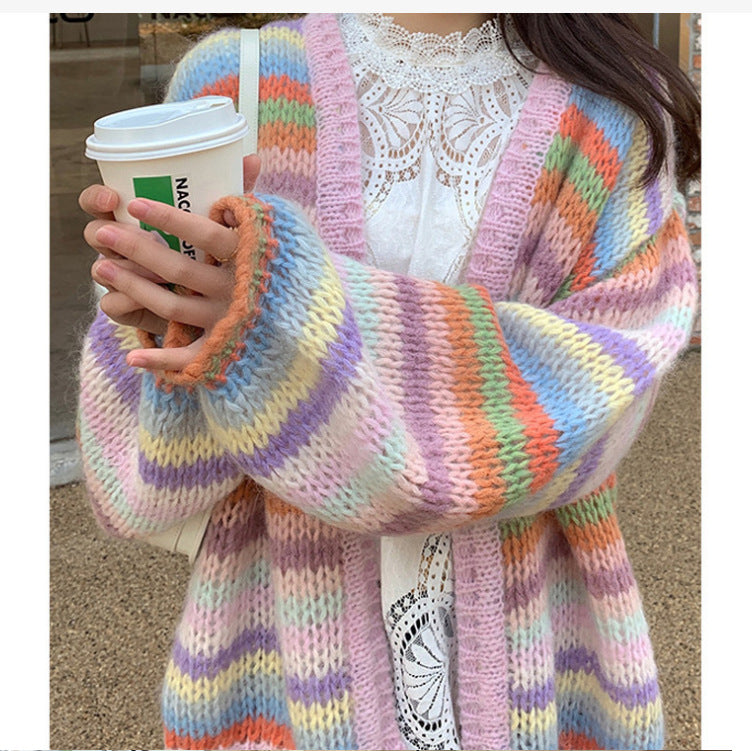 Women's Cozy Cardigan with Colorful Stripe Pattern and Wide Cut