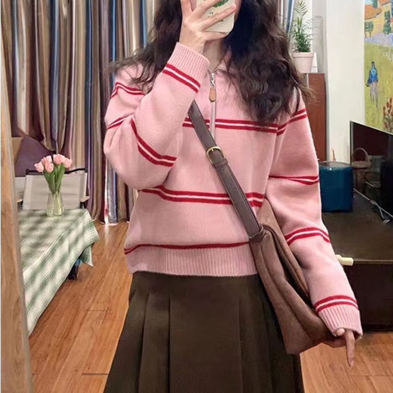 Women's Striped High-Neck Zipper Pullover