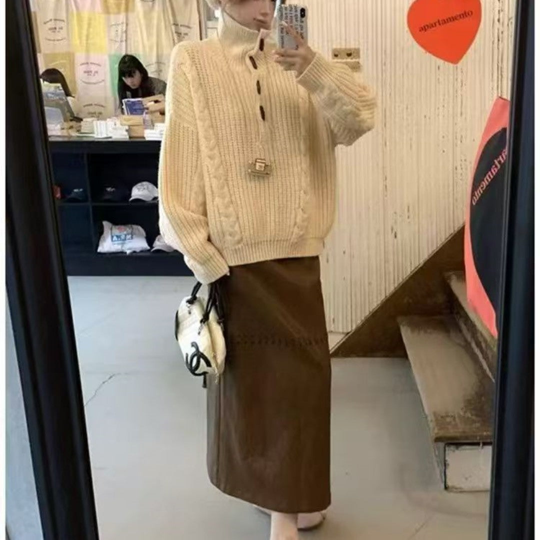 Women's Chunky Cable Knit Sweater with Button Details