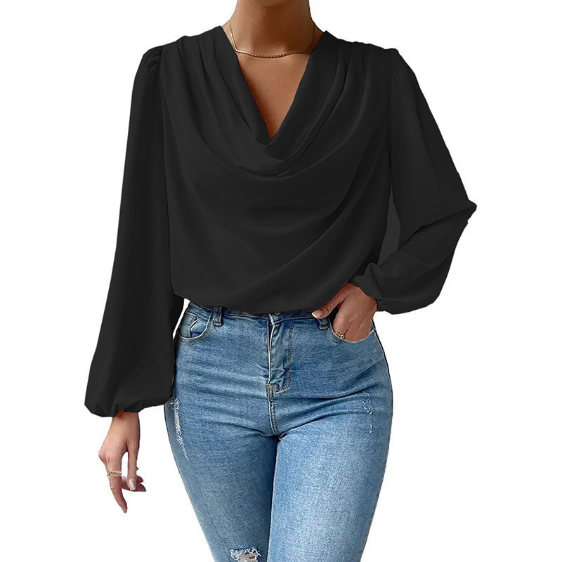 Elegant Blouse with Asymmetric Neckline and Long Sleeves
