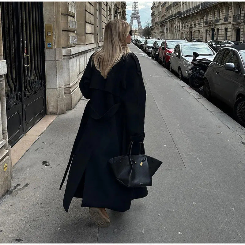Women's Elegant Oversized Trench Coat with Fashionable Belt and Wide Sleeves