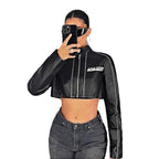 Women's Cropped Faux Leather Jacket with Sporty Details
