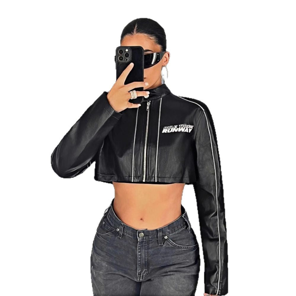 Women's Cropped Faux Leather Jacket with Sporty Details
